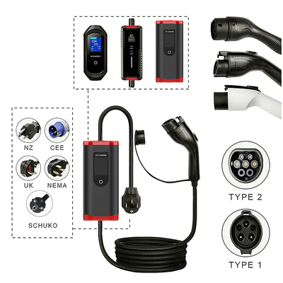 Cargador de automóviles eléctricos portátil IP65 8A-32A ajustable de tipo 1 con voltaje resistente de 2000V