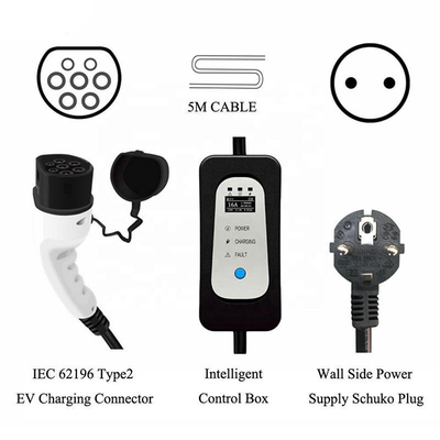 Cargador portátil de EV para vehículos eléctricos 16A Corriente ajustable Iec 62196 Tipo2 Evse