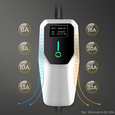 Cargador EV portátil de fase única con corriente de salida 6A-8A-10A-13A-16A-20A-24A-32A